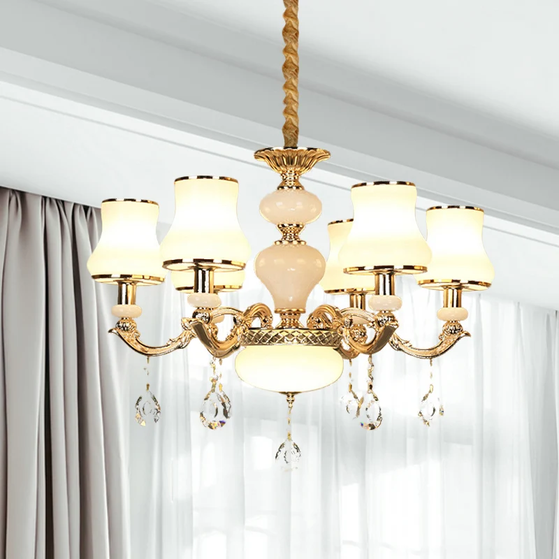 3/6 lampen kroonluchter verlichting vintage slaapkamer plafondhanger met pot crèmekleurige glazen kap goud Clearhalo