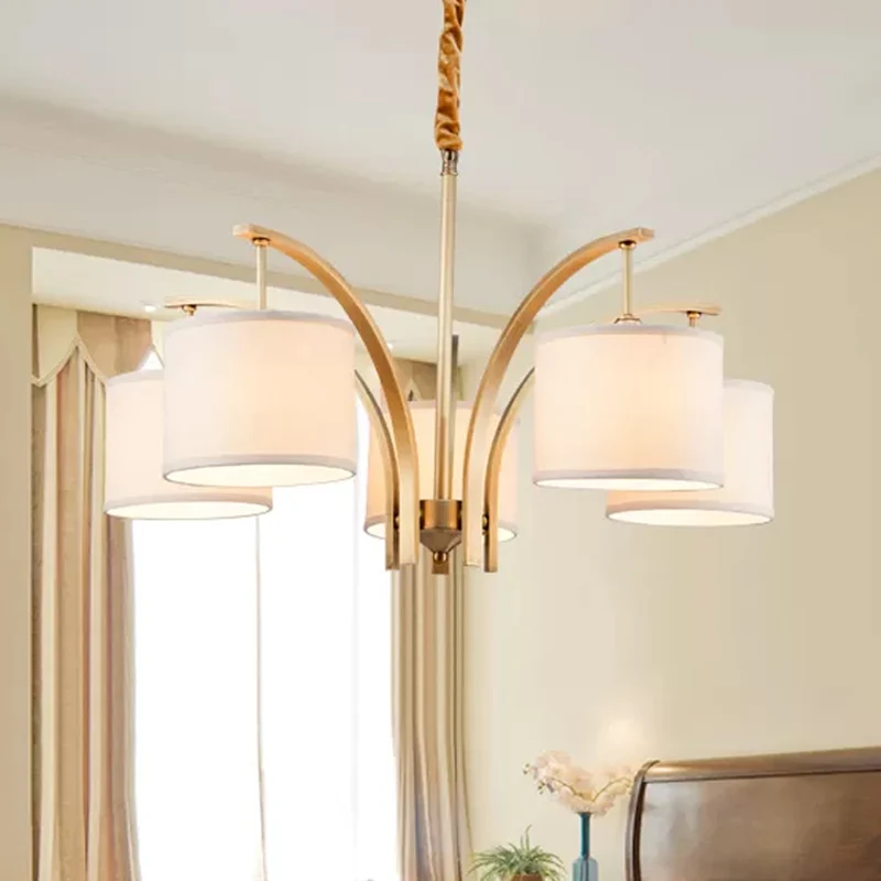 3/5 lampen kroonluchterverlichting landelijke trommelschaduw stoffen hanglamp goud met metalen gebogen arm Clearhalo