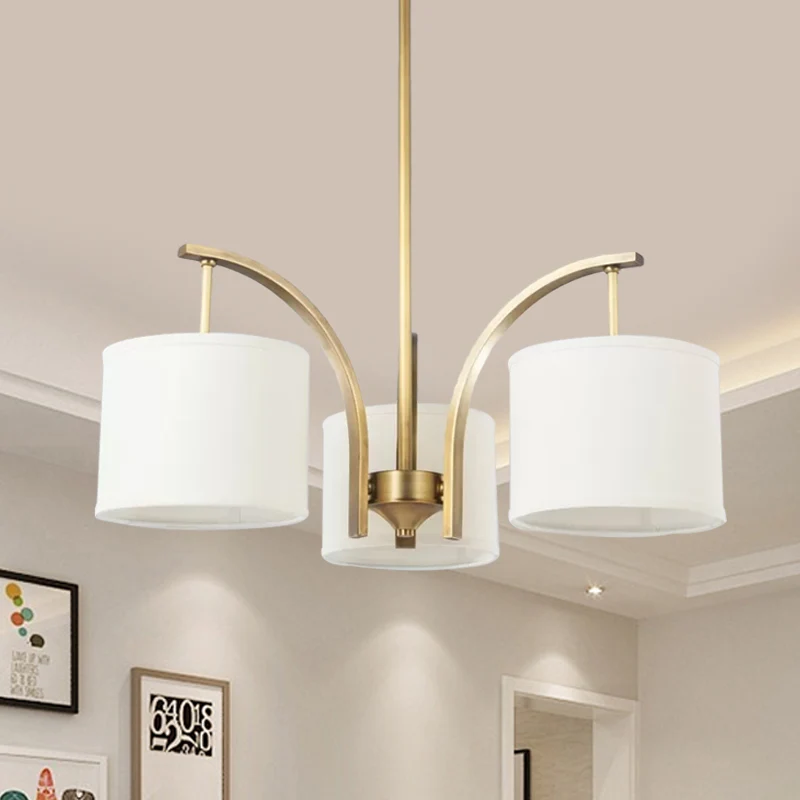 3/5 lampen kroonluchterverlichting landelijke trommelschaduw stoffen hanglamp goud met metalen gebogen arm Clearhalo