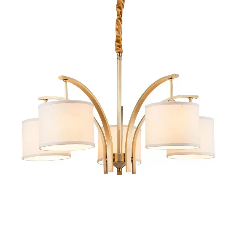 3/5 lampen kroonluchterverlichting landelijke trommelschaduw stoffen hanglamp goud met metalen gebogen arm Clearhalo