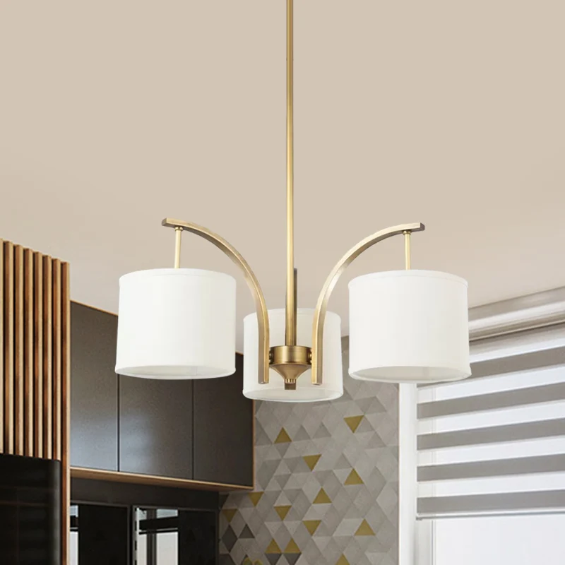 3/5 lampen kroonluchterverlichting landelijke trommelschaduw stoffen hanglamp goud met metalen gebogen arm Clearhalo