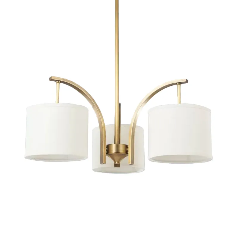 3/5 lampen kroonluchterverlichting landelijke trommelschaduw stoffen hanglamp goud met metalen gebogen arm Clearhalo