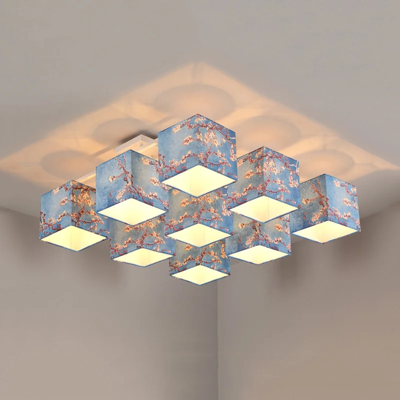 9 lampen kubus semi-inbouw kroonluchter pastorale stijl blauw bedrukte stoffen plafondlamp Clearhalo