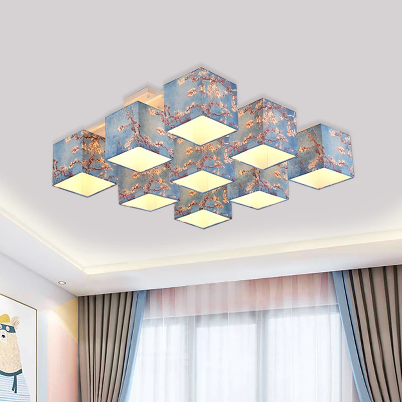 9 lampen kubus semi-inbouw kroonluchter pastorale stijl blauw bedrukte stoffen plafondlamp Clearhalo