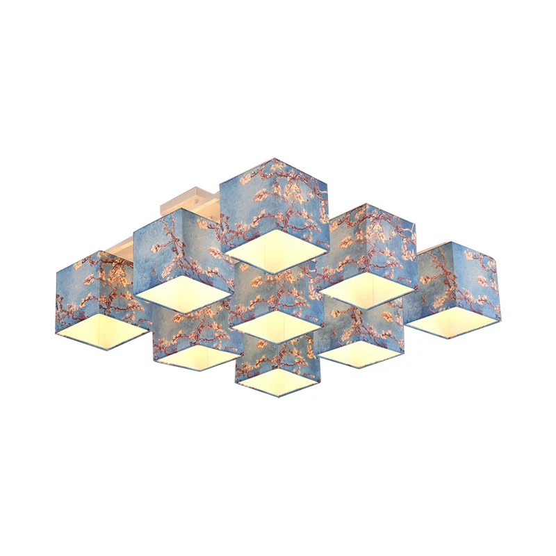 9 lampen kubus semi-inbouw kroonluchter pastorale stijl blauw bedrukte stoffen plafondlamp Clearhalo