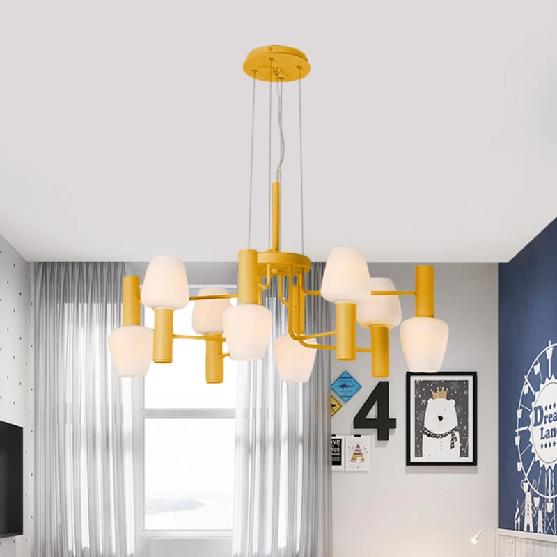 8 Lampen Lounge Plafondkroonluchter Macaron Roze/Geel/Blauw Hanglamp met Up Down Fles Melkglas Kap Clearhalo