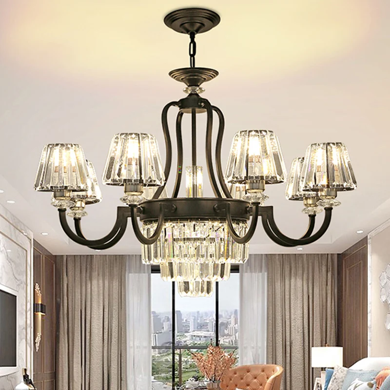 6/8 lampen plafondlamp traditionele taps toelopende kristallen kroonluchter hangende lichtarmatuur zwart Clearhalo