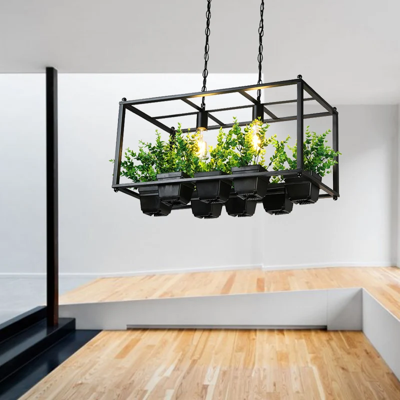 2 lampen rechthoekige kooi schaduw hanglamp met plastic pot loftstijl zwarte eilandverlichting voor eetkamer Clearhalo