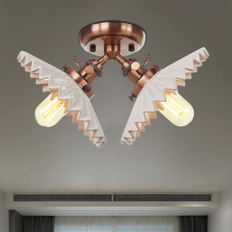 2 Lampen Restaurant Plafondverlichting Magazijnstijl Zwart/Brons Semi-inbouwlamp met geschulpte melkglazen kap Clearhalo