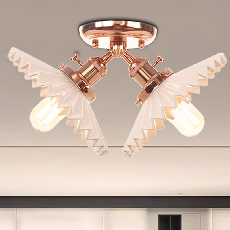 2 Lampen Restaurant Plafondverlichting Magazijnstijl Zwart/Brons Semi-inbouwlamp met geschulpte melkglazen kap Clearhalo