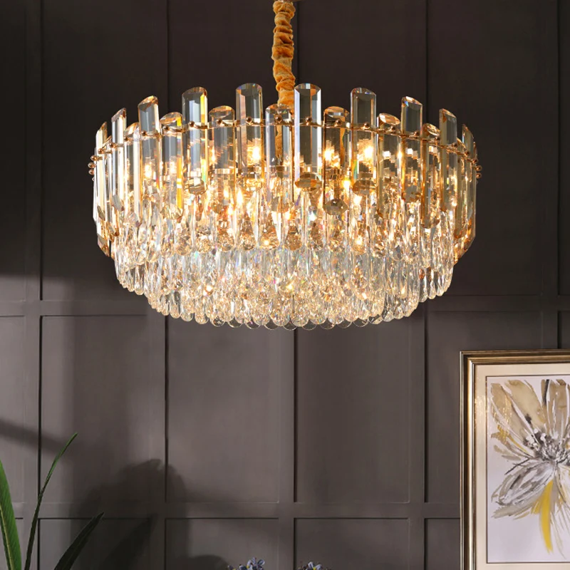 9 lampen ronde hangende kroonluchter moderne gouden afwerking gesneden kristallen hanglamp voor woonkamer Clearhalo