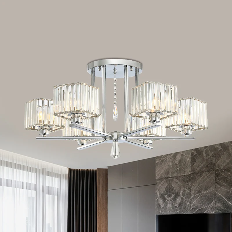 6/8 lampen semi-inbouw kroonluchter met radiaal ontwerp moderne heldere kristallen kubieke schaduw plafondverlichting Clea...