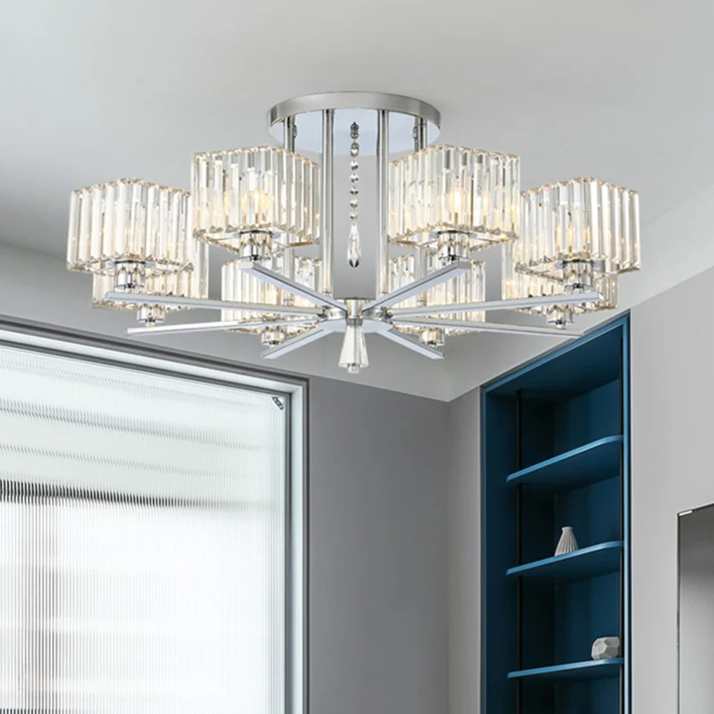 6/8 lampen semi-inbouw kroonluchter met radiaal ontwerp moderne heldere kristallen kubieke schaduw plafondverlichting Clea...
