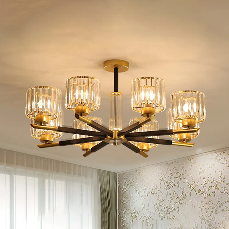 8 lampen slaapkamer kroonluchter licht eenvoudige stijl zwart en goud hanglampset met cilinder kristallen staaf kristallen...
