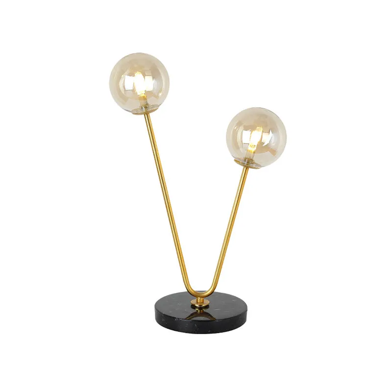2 lampen slaapkamer tafellamp postmodern zwart en goud nachtlampje met dubbele bal amberkleurige glazen kap Clearhalo
