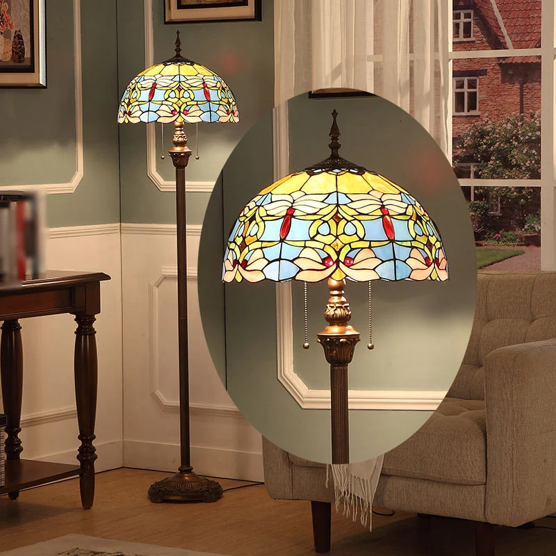 2 lampen staande lamp barok koepel glas--lood trekketting vloerverlichting blauw Clearhalo