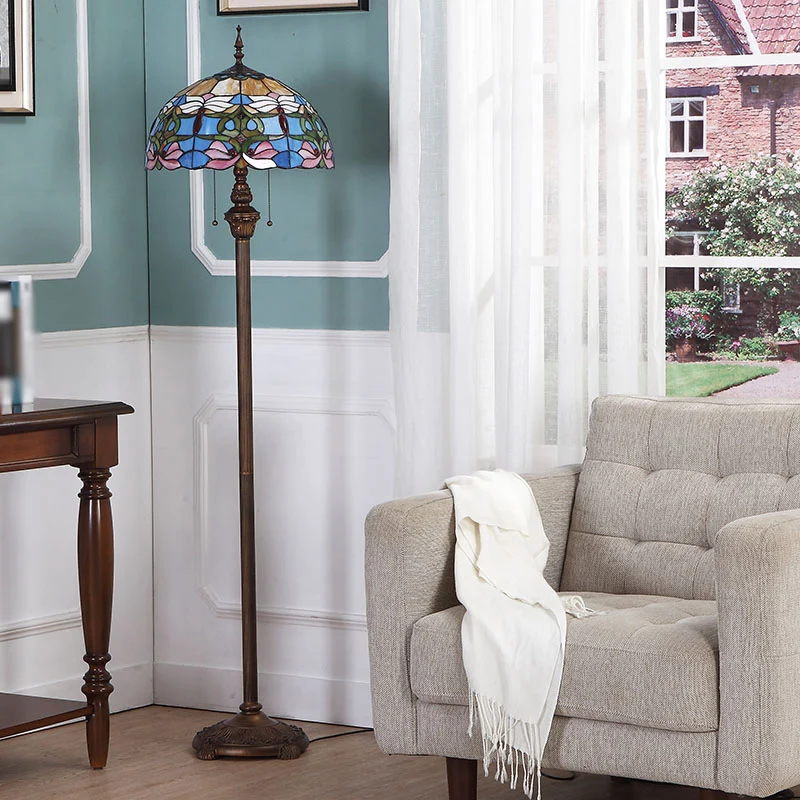 2 lampen staande lamp barok koepel glas--lood trekketting vloerverlichting blauw Clearhalo