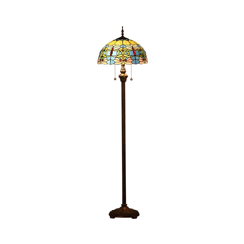 2 lampen staande lamp barok koepel glas--lood trekketting vloerverlichting blauw Clearhalo