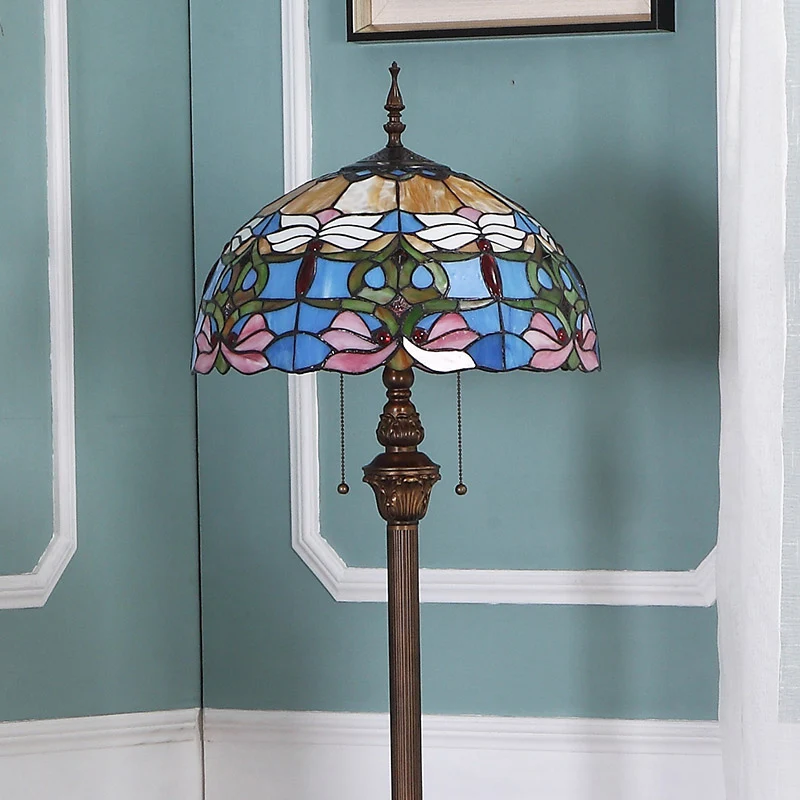 2 lampen staande lamp barok koepel glas--lood trekketting vloerverlichting blauw Clearhalo