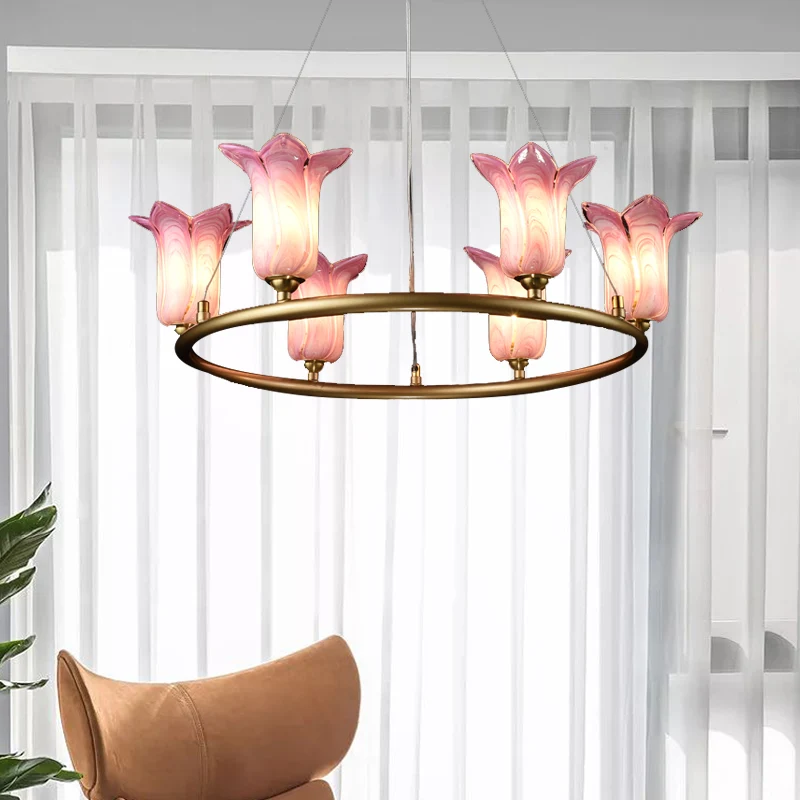 6 lampen uitlopende hanglamp traditionalisme paars glas LED kroonluchter lichtarmatuur voor woonkamer Clearhalo