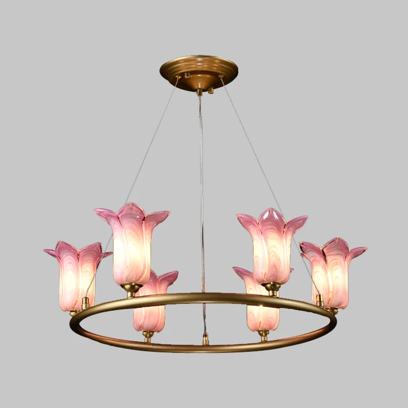 6 lampen uitlopende hanglamp traditionalisme paars glas LED kroonluchter lichtarmatuur voor woonkamer Clearhalo