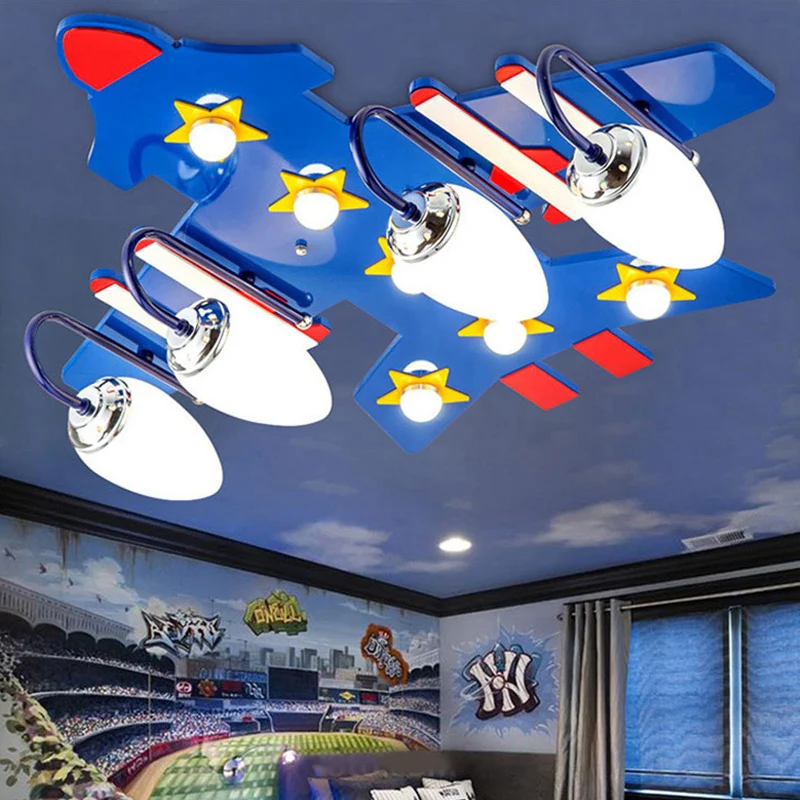 4 lampen vliegtuig plafondlamp Amerikaanse stijl houten inbouwlamp blauw voor kinderkamer Clearhalo