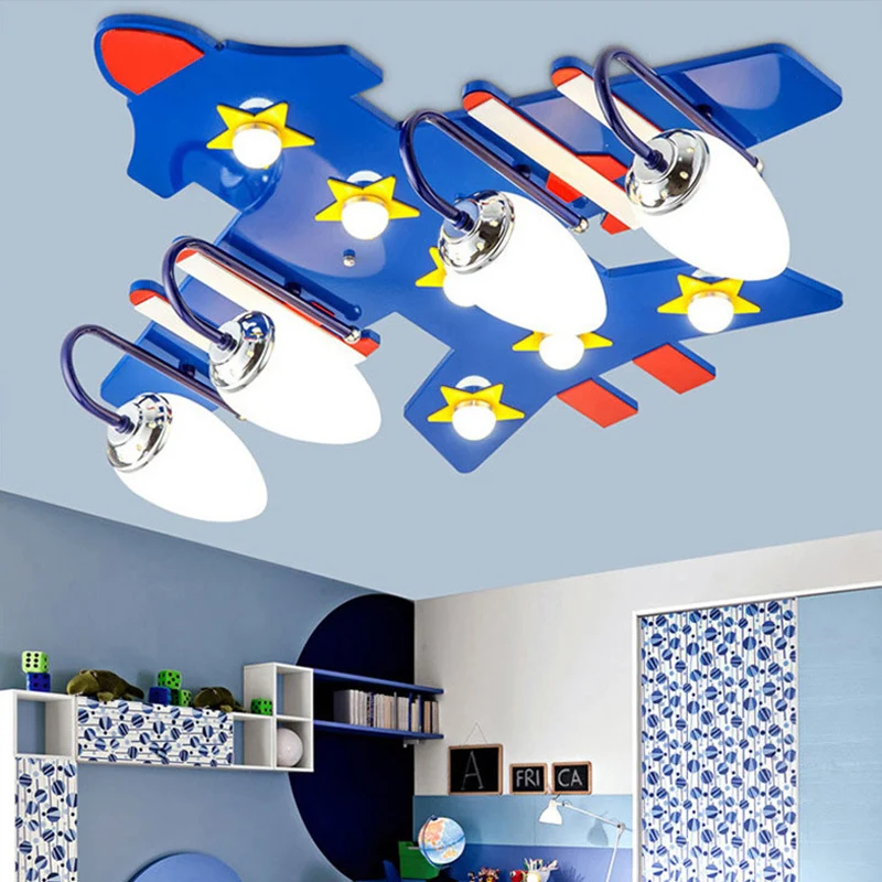 4 lampen vliegtuig plafondlamp Amerikaanse stijl houten inbouwlamp blauw voor kinderkamer Clearhalo