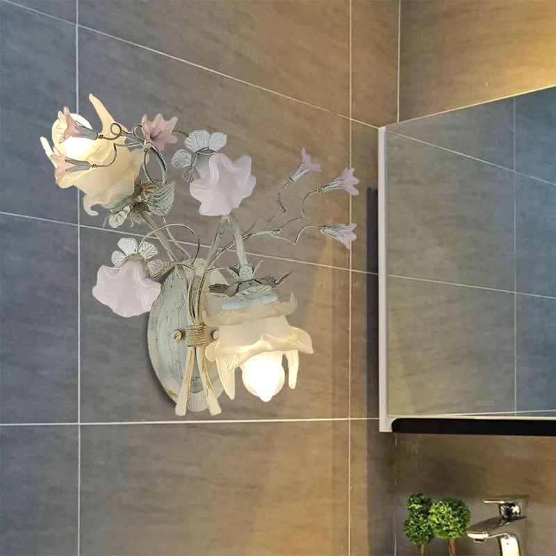 2 lampen wandkandelaar lamp Koreaanse bloem metalen wandlamp grijs en wit voor badkamer Clearhalo