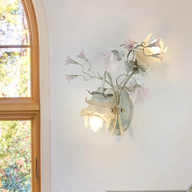 2 lampen wandkandelaar lamp Koreaanse bloem metalen wandlamp grijs en wit voor badkamer Clearhalo