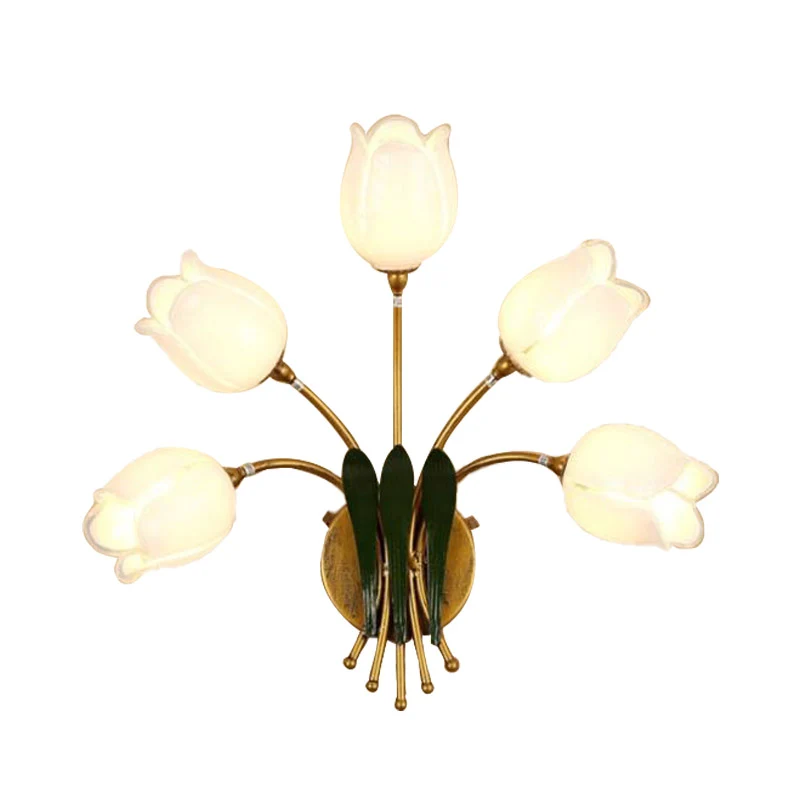 5 lampen wandlamp blaker Amerikaanse tuin slaapkamer LED-wandverlichting armatuur met lelie/tulp matglazen kap goud Clearhalo