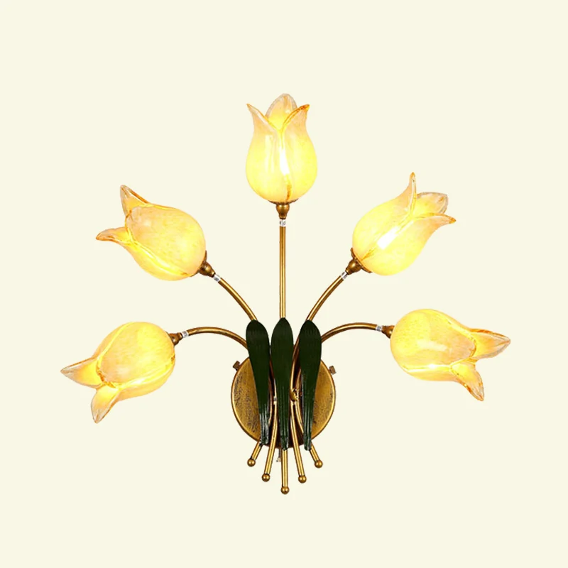5 lampen wandlamp blaker Amerikaanse tuin slaapkamer LED-wandverlichting armatuur met lelie/tulp matglazen kap goud Clearhalo