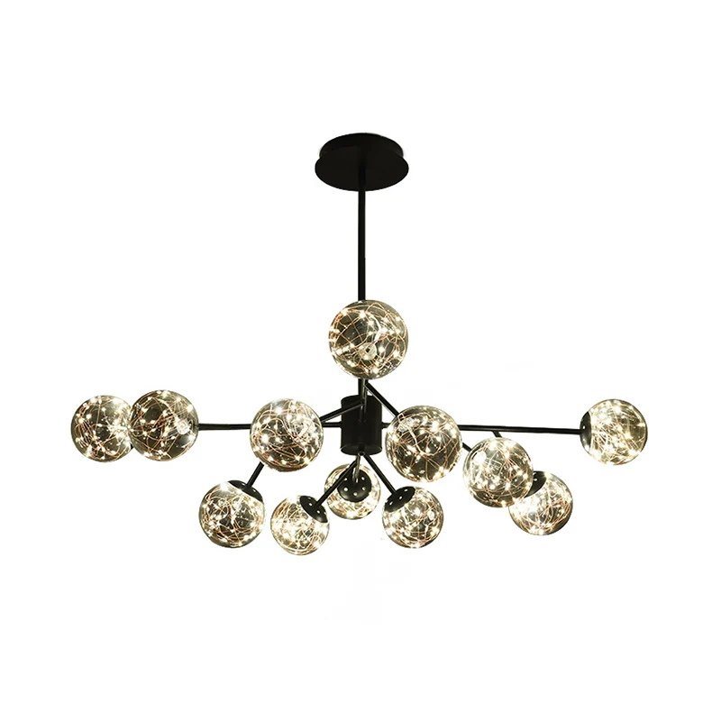 12 lampen woonkamer hangende verlichting moderne zwarte tak kroonluchterlamp met globe rook grijze glazen kap Clearhalo