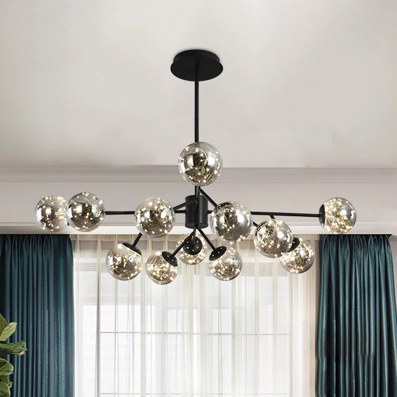 12 lampen woonkamer hangende verlichting moderne zwarte tak kroonluchterlamp met globe rook grijze glazen kap Clearhalo