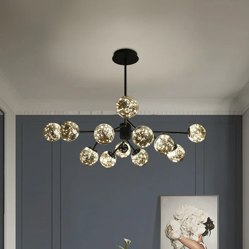 12 lampen woonkamer hangende verlichting moderne zwarte tak kroonluchterlamp met globe rook grijze glazen kap Clearhalo