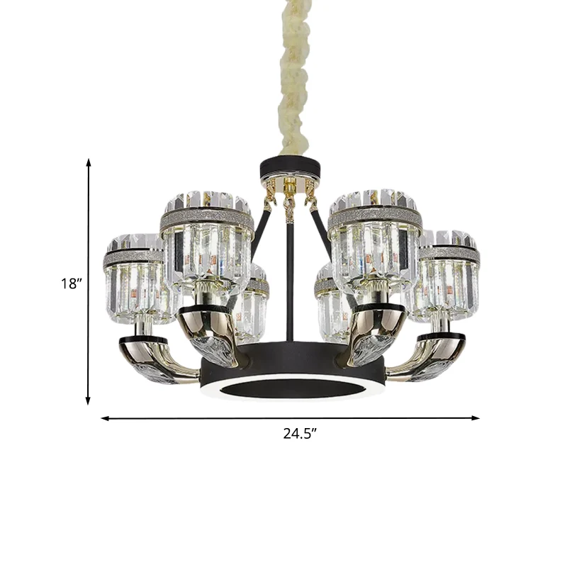 6 lampen woonkamer hanger modernisme zwarte hoepel kroonluchter verlichting met trommel kristallen prisma schaduw Clearhalo