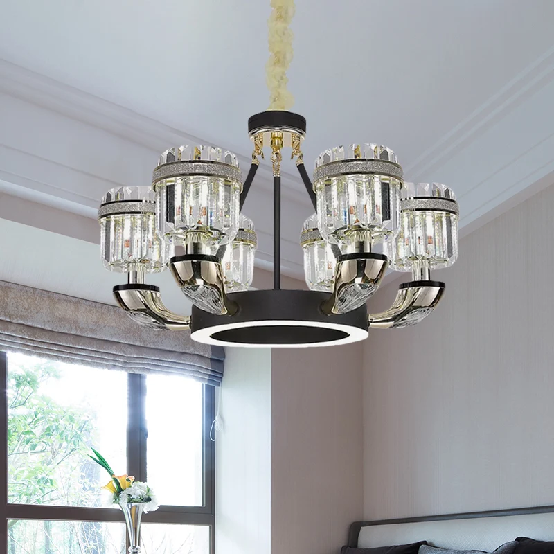 6 lampen woonkamer hanger modernisme zwarte hoepel kroonluchter verlichting met trommel kristallen prisma schaduw Clearhalo