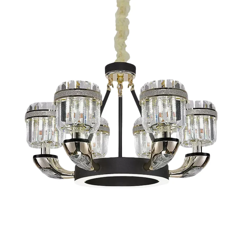 6 lampen woonkamer hanger modernisme zwarte hoepel kroonluchter verlichting met trommel kristallen prisma schaduw Clearhalo