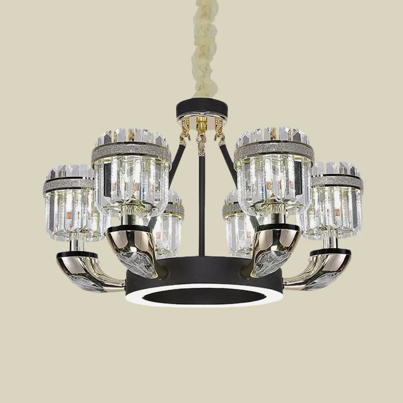 6 lampen woonkamer hanger modernisme zwarte hoepel kroonluchter verlichting met trommel kristallen prisma schaduw Clearhalo