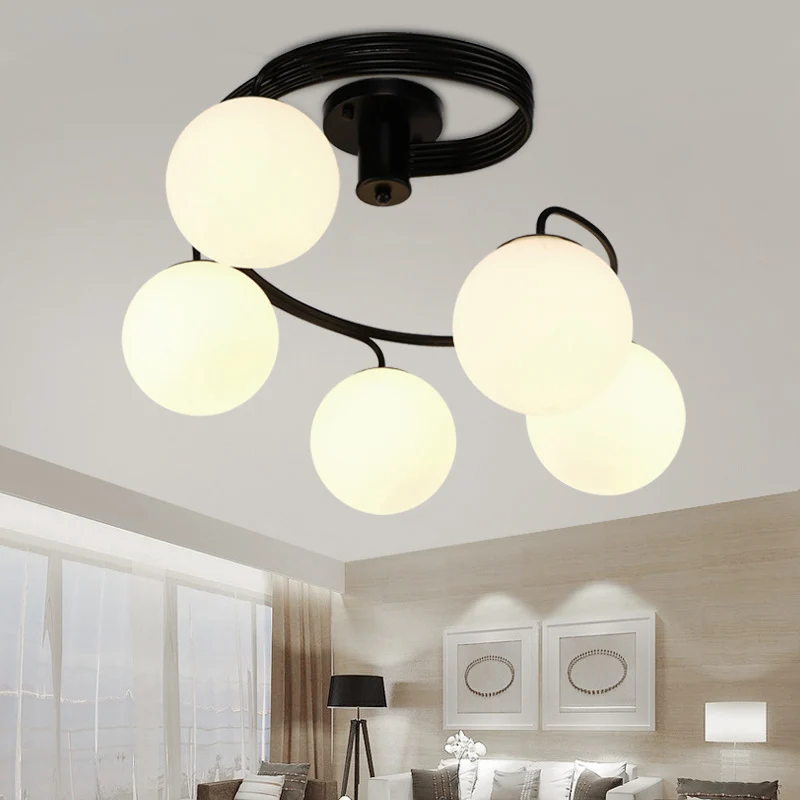 3/5 lampen woonkamer plafondlamp traditioneel zwart half vlak met bol witte glazen kap Clearhalo