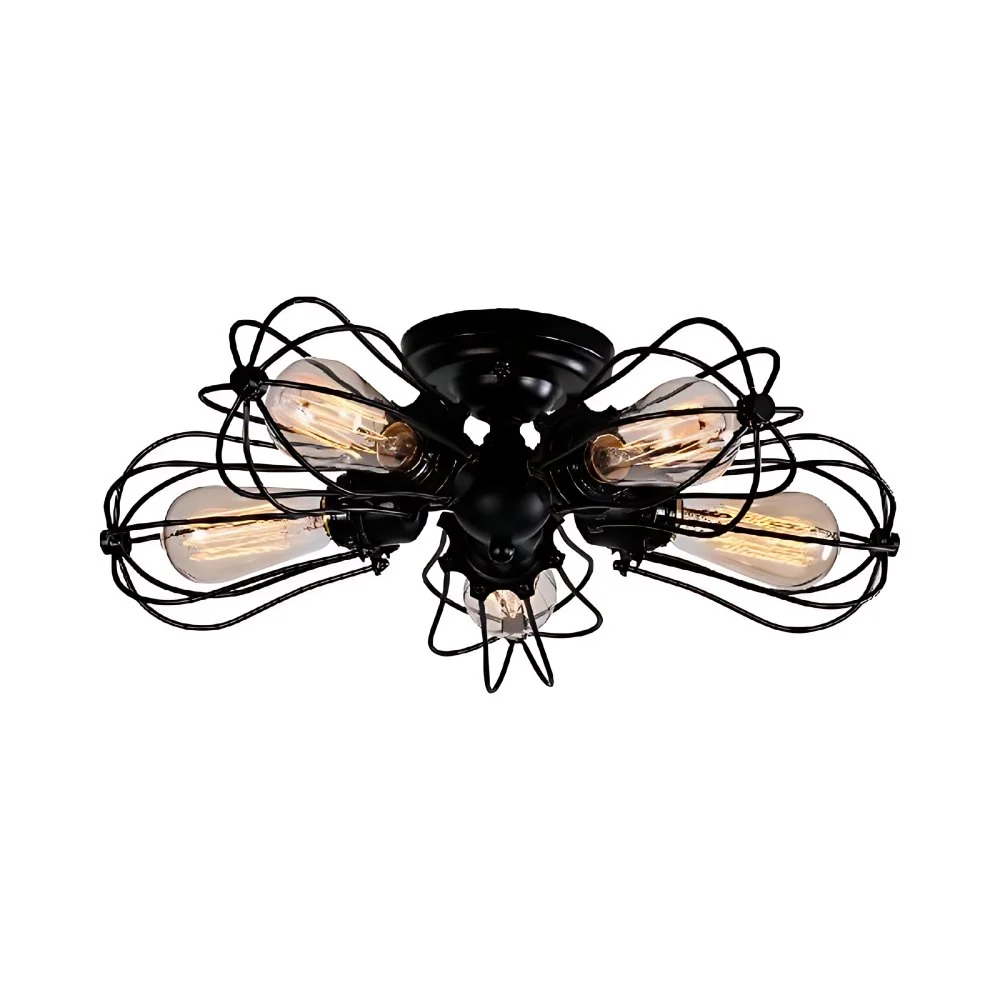 Lampvormige ijzeren semi-inbouw plafondlamp met draadbeschermer Vintage stijl 3/4/5 lampen binnenplafondlamp zwart/zilver...