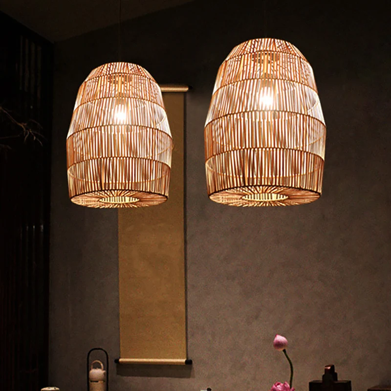 Landelijk geweven lantaarn slingerlicht bamboe 1-kops theesalon hanglampset beige Clearhalo