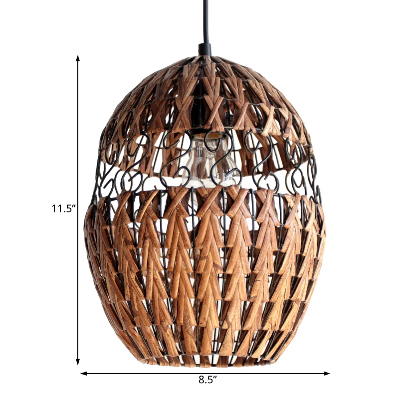 Landelijke elliptische rotan hangende plafondlamp, hanglamp met enkele lamp bruin voor woonkamer Clearhalo