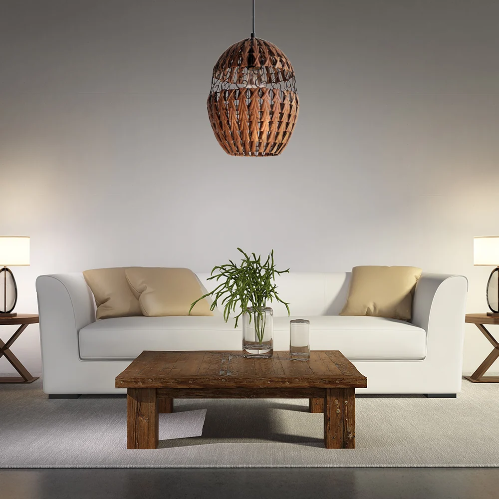 Landelijke elliptische rotan hangende plafondlamp, hanglamp met enkele lamp bruin voor woonkamer Clearhalo