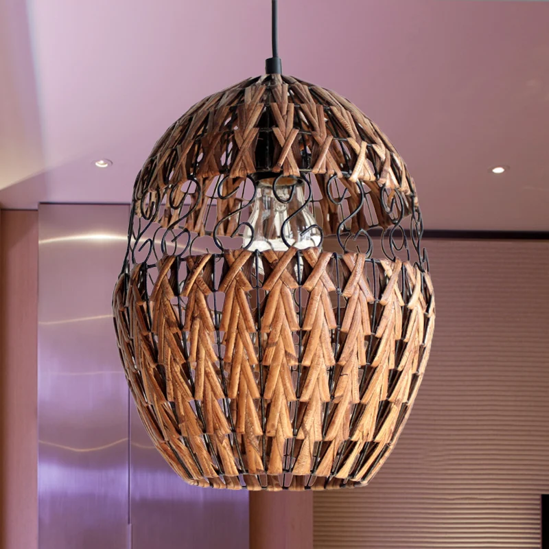 Landelijke elliptische rotan hangende plafondlamp, hanglamp met enkele lamp bruin voor woonkamer Clearhalo