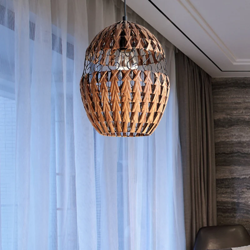 Landelijke elliptische rotan hangende plafondlamp, hanglamp met enkele lamp bruin voor woonkamer Clearhalo