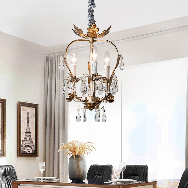 Landelijke gekooide kroonluchter, licht ijzer, 3 koppen hanglamp met kristal en bladdeco donker roest Clearhalo