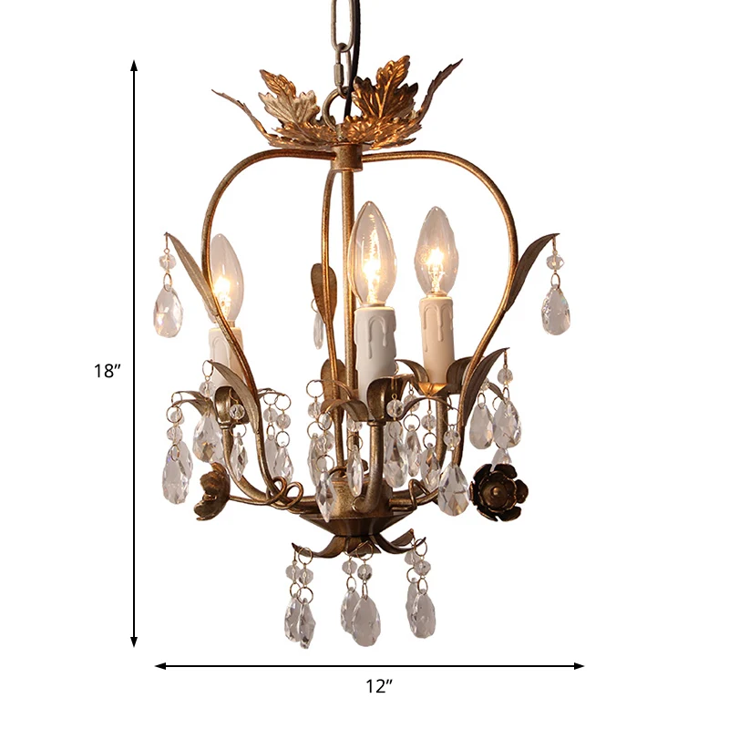 Landelijke gekooide kroonluchter, licht ijzer, 3 koppen hanglamp met kristal en bladdeco donker roest Clearhalo