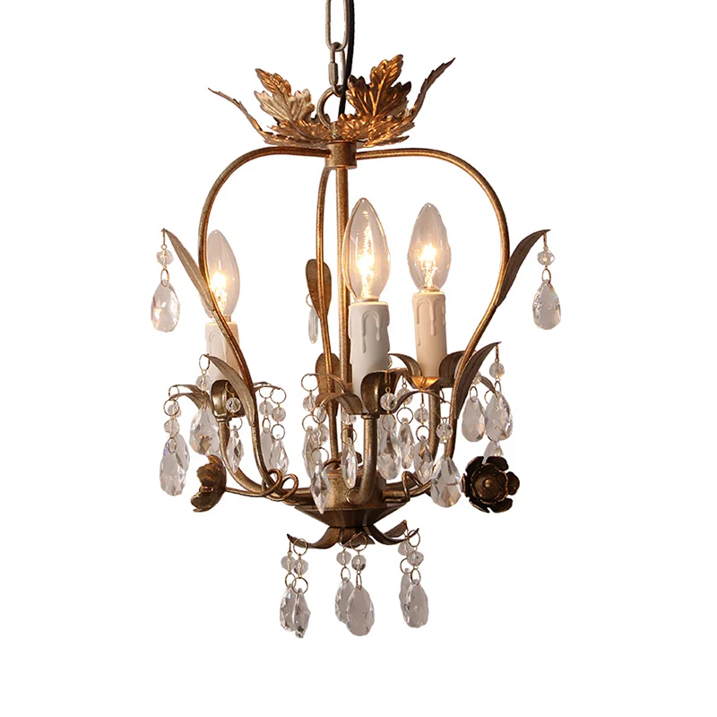 Landelijke gekooide kroonluchter, licht ijzer, 3 koppen hanglamp met kristal en bladdeco donker roest Clearhalo