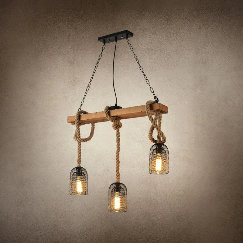 Landelijke hangende hanglamp van gaas, metalen eilandverlichting met touwkoord hout Clearhalo