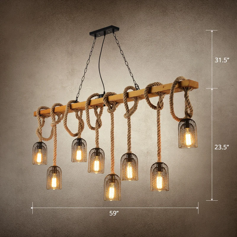 Landelijke hangende hanglamp van gaas, metalen eilandverlichting met touwkoord hout Clearhalo